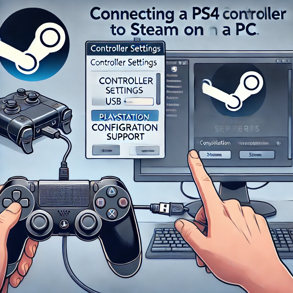 DALL·E 2024-10-15 12.26.26 – A step-by-step visual guide of connecting a PS4 controller to Steam on a PC. The image should show a PS4 controller connected to a computer via USB ca راهنمای اتصال کنترلر PS4 به استیم با استفاده از کابل USB و تنظیمات استیم