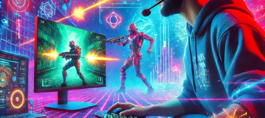 گیمر در حال بازی با نورهای نئونی و ستاپ گیمینگ حرفه‌ای - چرا بازی‌های ویدیویی فراتر از یک سرگرمی هستند؟