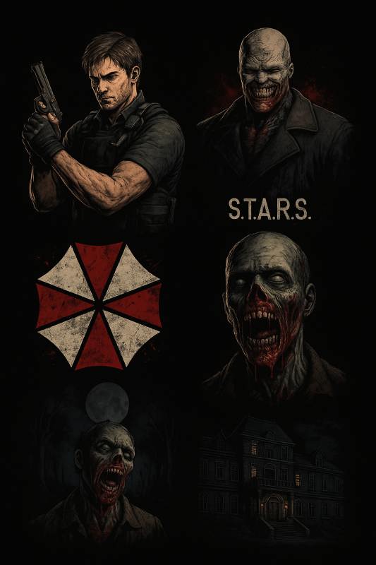 resident evil تصویر گرافیکی با فضای تاریک و مهآلود الهامگرفته از بازی رزیدنت اویل، شامل عمارت گوتیک، شخصیت مرموز با چشمی قرمز درخشان، نمادهای بیوهزارد و دستهای زامبی که از اطراف بیرون آمدهاند.